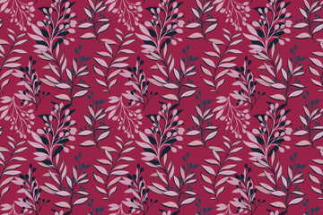 Wall Mural - Burgundy pattern with creative branches, abstract shapes leaves. Stylized artistic floral stems seamless printing. Vector hand drawing illustration. Designs for fabric, cover, textiles, fashion