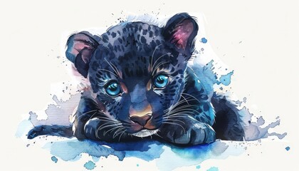 A panther cub clipart, with big eyes, watercolor style, deep blacks and blues, isolated on white background