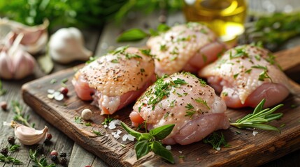Wall Mural - Raw chicken thighs with herbs and garlic on a wooden board