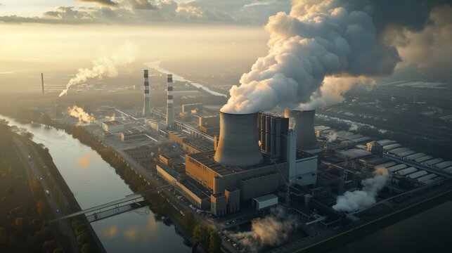 An aerial view of a large power plant with smoke plumes billowing from its chimneys at sunset. The plant is located near a river and surrounded by trees.