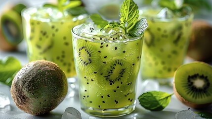 Wall Mural - Kiwi drink with ice and kiwi fruit with some leaf on white background. Generative AI.