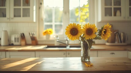 Wall Mural - a stylish kitchen interior with sunflowers in a vase on a wooden countertop, cooking utensils near the sink, and white walls, embodying a Scandinavian home decor concept.