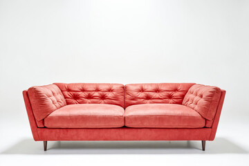 Poster - Red Sofa with Tufted Cushions on White Background