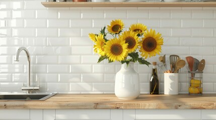 Wall Mural - a stylish kitchen interior with sunflowers in a vase on a wooden countertop, cooking utensils near the sink, and white walls, embodying a Scandinavian home decor concept.