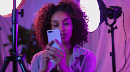 Wall Mural - A young woman sits with a phone in her hands in a studio with purple lighting. Businesswoman responds to SMS using phone.