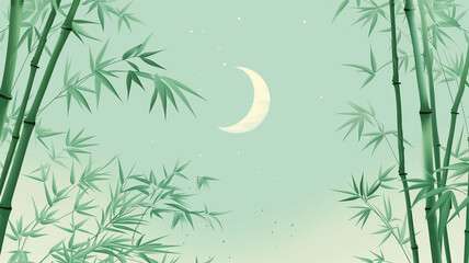 A flat, minimalist illustration of a bamboo forest with a half moon peeking through the leaves. The background features soft gradients of light green and emerald, with space for a headline quote.