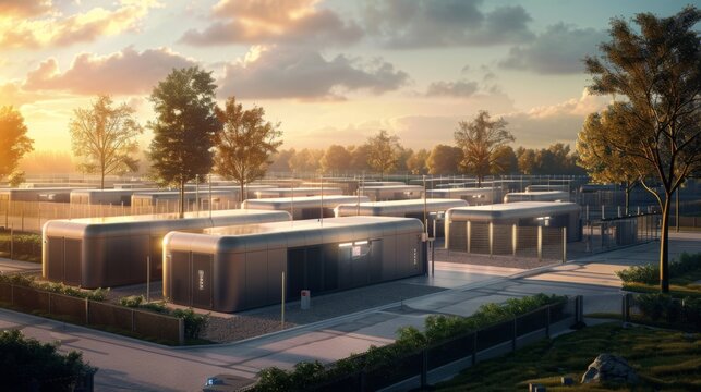 A modern data center with numerous metal buildings sits in a landscaped area. The sun is setting in the background, casting a warm glow over the scene.