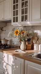 Wall Mural - a stylish kitchen interior with sunflowers in a vase on a wooden countertop, cooking utensils near the sink, and white walls, embodying a Scandinavian home decor concept.