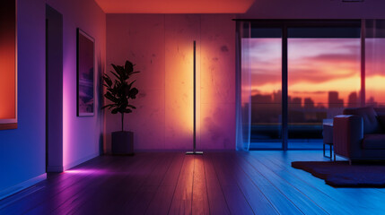 Wall Mural - Modern interior details, LED floor lamps, wooden floor. Modern floor lamps with blue-violet neon light. Interior design concept.