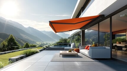 Wall Mural - A modern, sunny terrace with outdoor furniture and an awning on the roof in red color. The sun is shining brightly over green meadows and mountains in summer. A gray concrete floor. Generative AI.