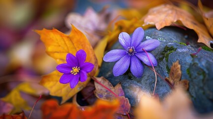 Canvas Print - Stunning purple mountain flower surrounded by autumn leaves Spring blooms