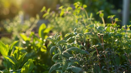 Sticker - Patch of culinary herbs, macro perspective, soft dawn light, lively greens, detailed, tranquil 