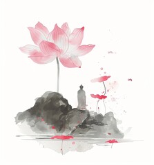 Sticker - 17h a pink lotus with buddha on a rock, in the style of minimalist illustrator, delicate watercolor