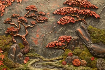 Poster - A bas-relief panel depicting the graceful form of Japanese maple trees, with delicate leaves in shades of red and orange