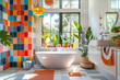 © AI_images - Bright modern bathroom with a colorful design. Vibrant tiles, white cabinetry, and playful decor. Large windows, potted plants, and unique lighting.