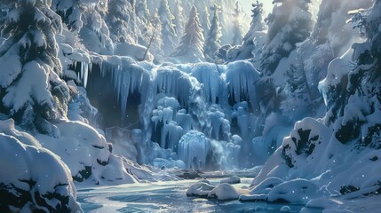 Wall Mural - Frozen waterfall and frozen road