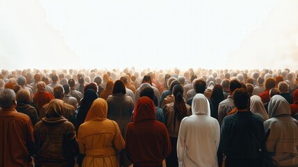 A crowd of people praying with their backs turned, white background. Generative AI.