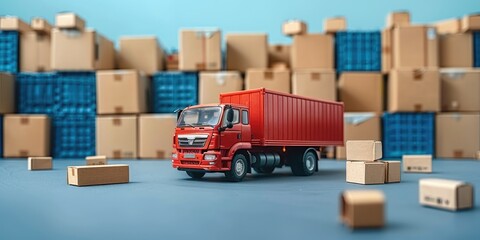 Wall Mural - Red plastic toy delivery truck, mini cardboard boxes. Generative AI.