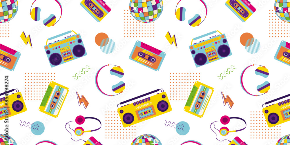 90s retro elements. Seamless pattern with tape recorder, audio tape ...