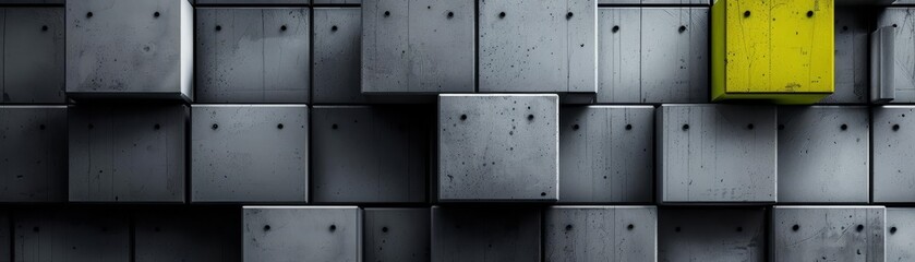 A single yellow block stands out amongst a wall of grey blocks.