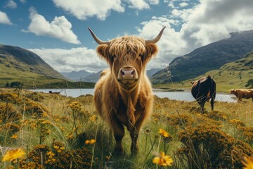 View from beside body of a three Highland Cow standing on grass, Awe-inspiring, Full body shot ::2 low Angle View