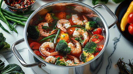 Poster - A stainless steel pot with shrimps, broccoli and vegetables inside is placed on the kitchen counter. surrounded by various ingredients such as tomatoes, green beans and yellow peppers. Generative AI.