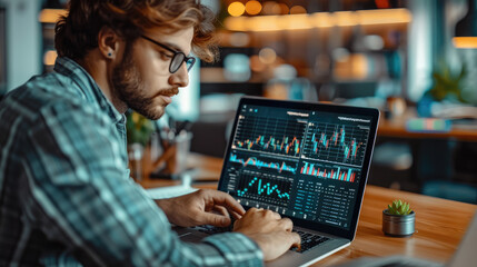 Fototapete - A professional analyzing financial data on a laptop in a modern office with natural daylight. Generative AI.