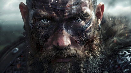 Wall Mural - Illustration of a Viking chieftain with battle scars and a fierce gaze.


