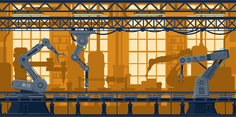 Leinwandbilder - Factory conveyor line with computer robots in technology industry, vector background. Production machine with robotic arms on factory conveyor belt, machinery assembly process of automated manufacture