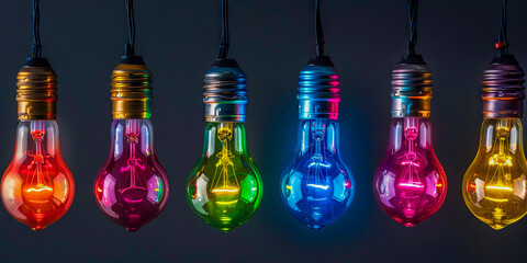 Multicolored Illuminated Light Bulbs Suspended in a Row