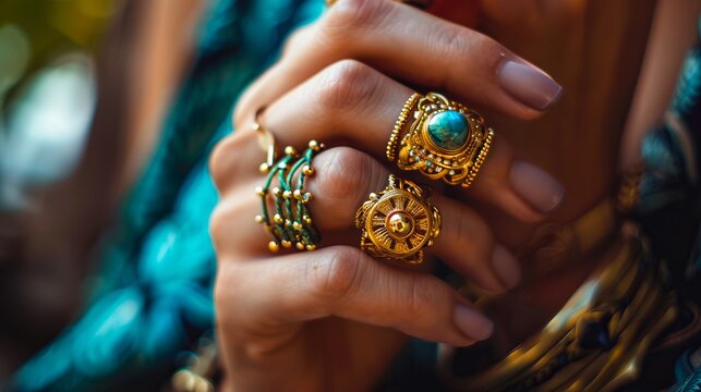 A woman wearing gold rings and turquoise earrings.