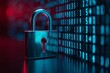 ©  Green Creator - Closeup of a metal padlock with a digital code background.