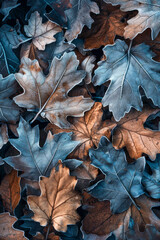 Canvas Print - A close up of a pile of leaves with some of them being blue and some brown