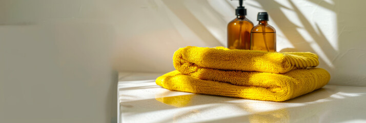 A yellow towel is on a counter next to two bottles