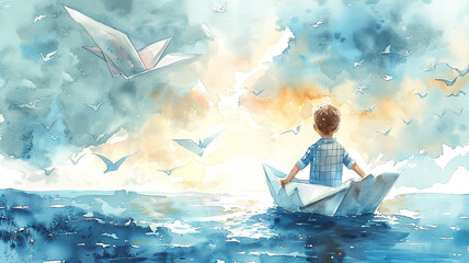 Wall Mural - A boy and a paper ship among the blue sea waves in watercolor