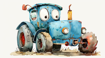 Wall Mural - Tractor on a white background, children's drawing with watercolor paints