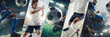 © master1305 - Dynamic and intense game. Collage. African-American male soccer players in motion on stadium, playing, competing for victory. Concept of sport, competition, tournament, game. Banner for event