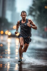 Wall Mural - A determined runner, exerting effort in marathon training, showcases strength and vitality on outdoor streets.