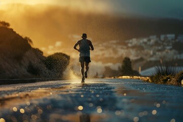 Wall Mural - At sunrise, a sporty athlete sprints on a track, embodying vitality and endurance in nature.