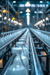 Sticker - A row of milk bottles are being processed in a factory