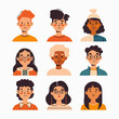© charlize - set of simple portrait icons, flat vector illustrations with outlines and color fills, front views, people from different ages, a diverse group of young men/women without glasses, older women/teenage