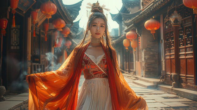A foreign woman in an ancient Chinese street, wearing a Chinese horse-faced skirt. Generative AI.