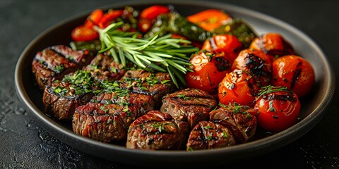 Wall Mural - grilled steak with tomatoes and rosemary.