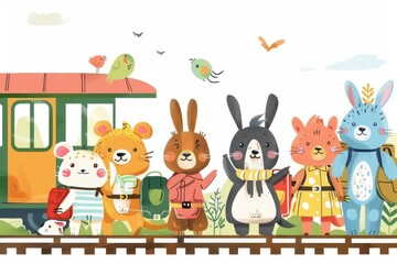 Wall Mural - A joyful scene of animals in travel outfits sharing a lighthearted moment at a bustling train station. The illustration is set against a clear white background.