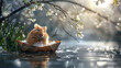 © kichigin19 - A funny hamster floats down the river on a paper boat in early spring among snow and snowdrops