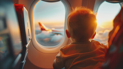 Wall Mural - A small child is sitting in the cabin of an airplane in close-up, the concept of traveling with children