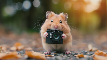 Wall Mural - Funny hamster with a camera, humorous background image of the photographer's mouse