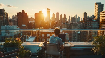 Urban Oasis: Person Relaxing on Rooftop Terrace with City Skyline View during Remote Work Session