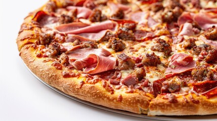 Wall Mural - Variety of meats and ham on a large pizza shown against a white backdrop