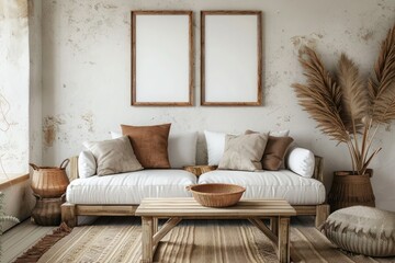 boho chic living room: rustic coffee table, white sofa with brown pillows, wall displaying two poste